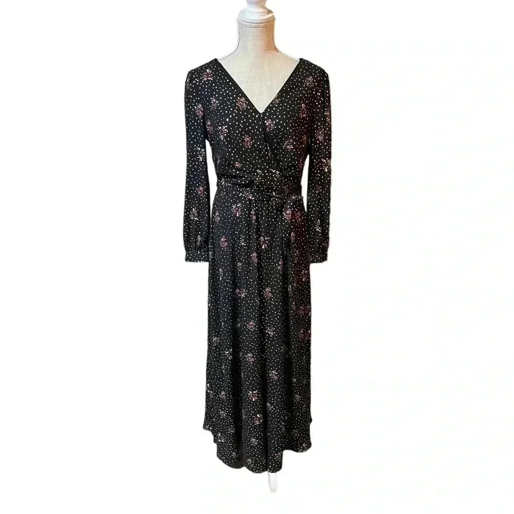Kate & Mallory Black Gold Floral Long Sleeve V-Neck Maxi Dress Women’s size XS